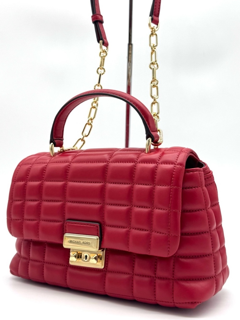 Michael Kors Tribeca Medium Quilted Leather Satchel Bag Crimson Red